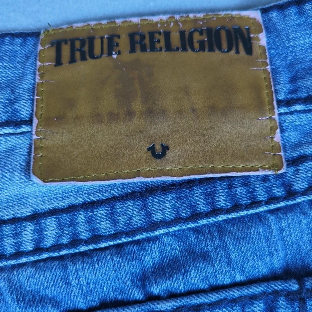 True Religion Ricky Jeans Mens 34x31 Blue Distressed Stone Wash Flap Pockets USA